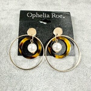 Ophelia Roe. Faux Tortoise Shell Gold Tone Pearl Drop Circle Dangle Earrings